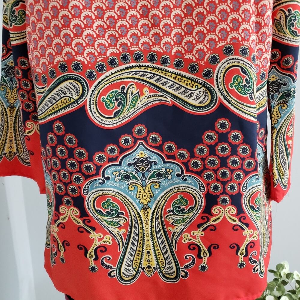 Split Neck 3/4 Sleeve Pullover Tangerine Paisley Tunic Top by Miami Medium - Picture 8 of 12